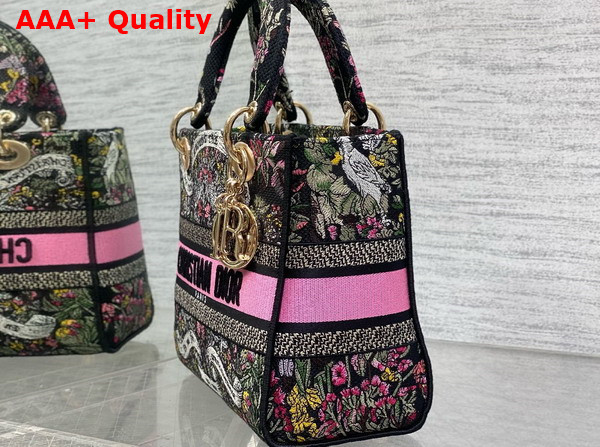 Dior Medium Lady D Lite Bag Black Embroidery with Multicolor Dior Around the World Motif Replica