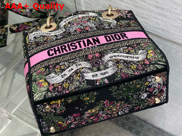 Dior Medium Lady D Lite Bag Black Embroidery with Multicolor Dior Around the World Motif Replica