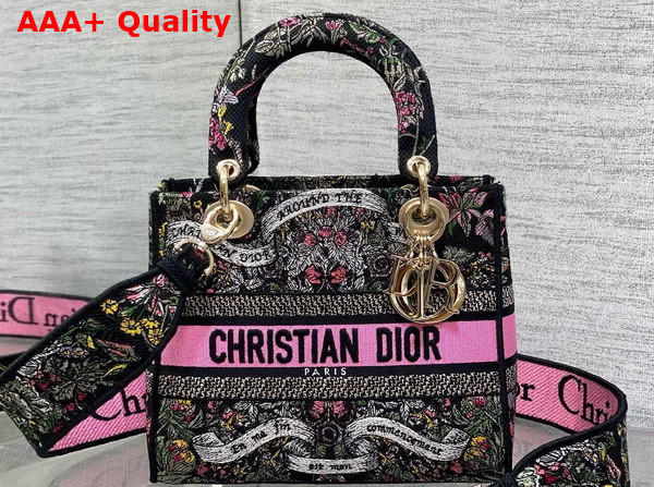 Dior Medium Lady D Lite Bag Black Embroidery with Multicolor Dior Around the World Motif Replica