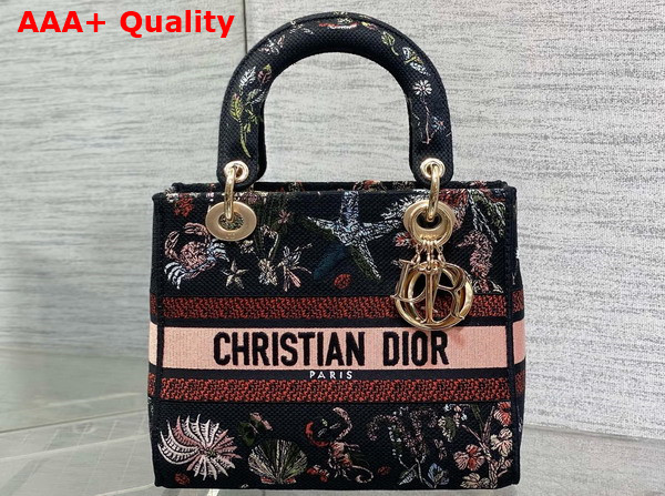 Dior Medium Lady D Lite Bag Black Embroidery with Multicolor Dior Cabinet de Curiosites Motif Replica