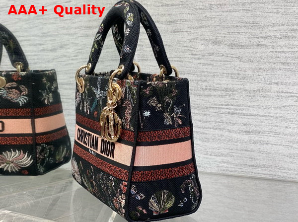 Dior Medium Lady D Lite Bag Black Embroidery with Multicolor Dior Cabinet de Curiosites Motif Replica