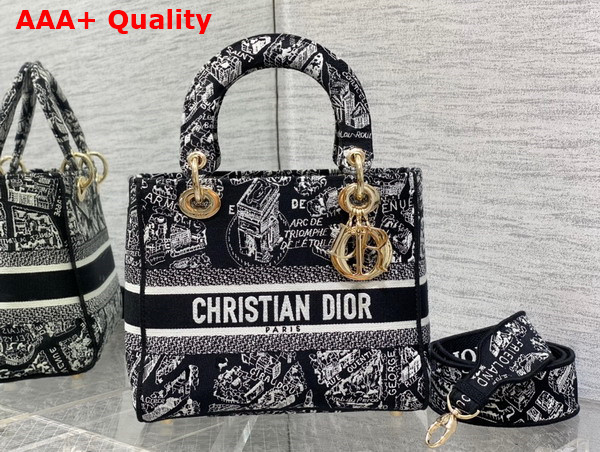 Dior Medium Lady D Lite Bag Black and White Plan de Paris Embroidery Replica