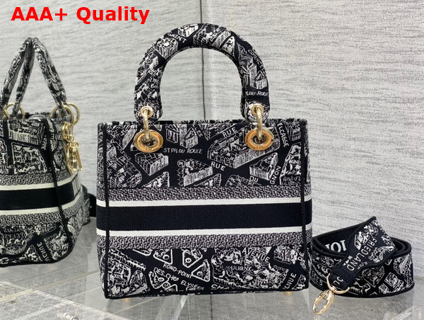 Dior Medium Lady D Lite Bag Black and White Plan de Paris Embroidery Replica