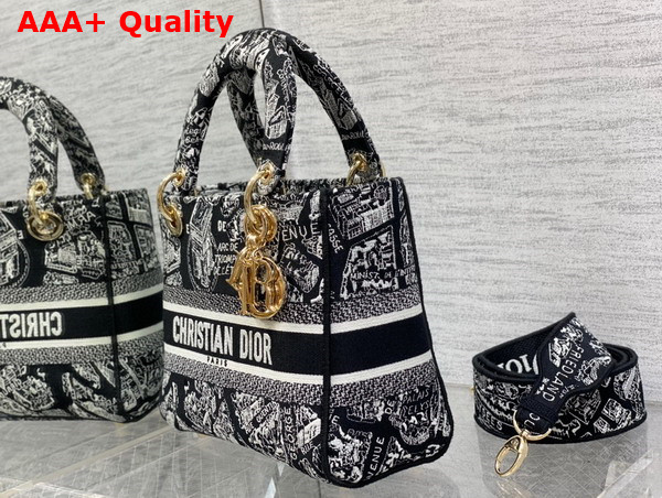 Dior Medium Lady D Lite Bag Black and White Plan de Paris Embroidery Replica