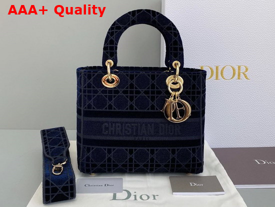 Dior Medium Lady D Lite Bag Blue Cannage Embroidered Velvet Replica