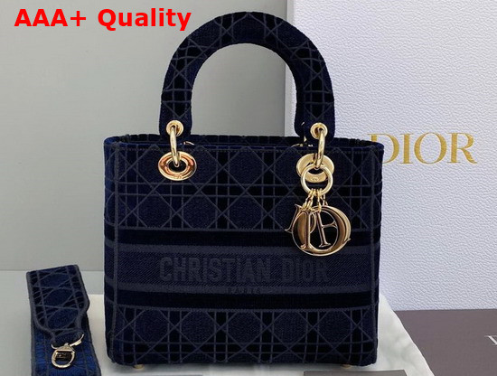 Dior Medium Lady D Lite Bag Blue Cannage Embroidered Velvet Replica