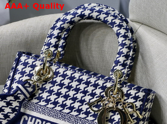 Dior Medium Lady D Lite Bag Blue and White Houndstooth Embroidery Replica
