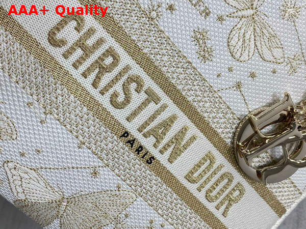 Dior Medium Lady D Lite Bag Gold Tone and White Butterfly Zodiac Embroidery Replica
