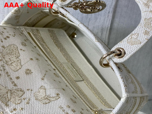 Dior Medium Lady D Lite Bag Gold Tone and White Butterfly Zodiac Embroidery Replica