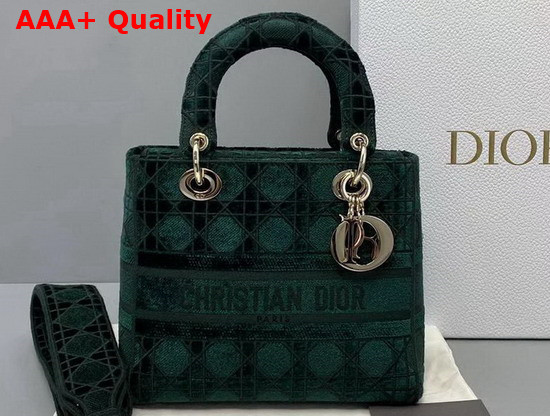 Dior Medium Lady D Lite Bag Green Cannage Embroidered Velvet Replica