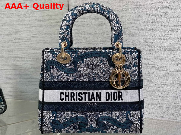 Dior Medium Lady D Lite Bag Latte Embroidery with Blue Dior Around the World Motif Replica