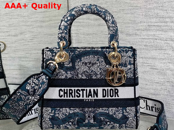 Dior Medium Lady D Lite Bag Latte Embroidery with Blue Dior Around the World Motif Replica
