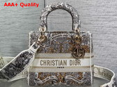 Dior Medium Lady D Lite Bag Latte Embroidery with Gold Tone Dior Around the World Motif Replica