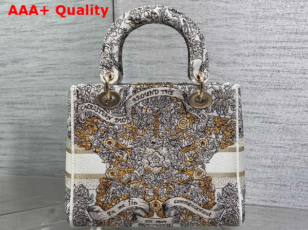 Dior Medium Lady D Lite Bag Latte Embroidery with Gold Tone Dior Around the World Motif Replica