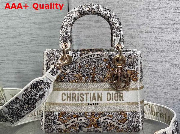 Dior Medium Lady D Lite Bag Latte Embroidery with Gold Tone Dior Around the World Motif Replica
