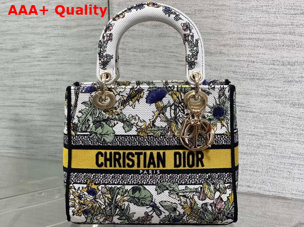 Dior Medium Lady D Lite Bag Latte Embroidery with Yellow Multicolor Dior Chardons Motif Replica