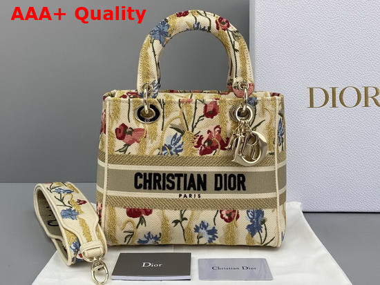 Dior Medium Lady D Lite Bag Multicolor Mille Fleurs Embroidery Beige Replica