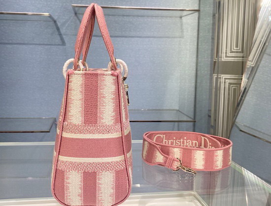 Dior Medium Lady D Lite Bag Pink Stripes Embroidery Replica
