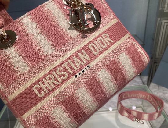 Dior Medium Lady D Lite Bag Pink Stripes Embroidery Replica