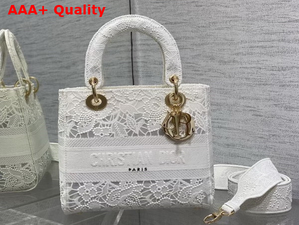 Dior Medium Lady D Lite Bag White D Lace Embroidery with 3D Macrame Effect Replica