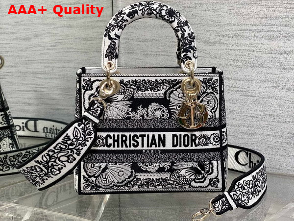 Dior Medium Lady D Lite Bag White and Black Embroidered Cotton with Butterfly Bandana Embroidery Replica