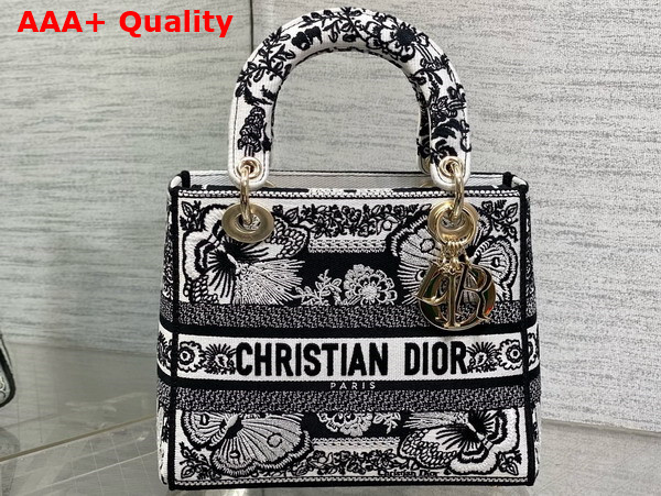 Dior Medium Lady D Lite Bag White and Black Embroidered Cotton with Butterfly Bandana Embroidery Replica