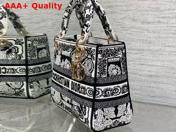 Dior Medium Lady D Lite Bag White and Black Embroidered Cotton with Butterfly Bandana Embroidery Replica