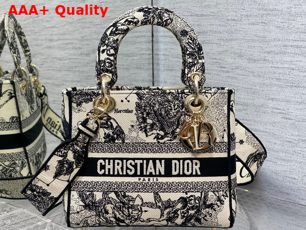 Dior Medium Lady D Lite Bag in Latte and Black Toile de Jouy Zodiac Embroidery Replica