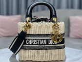 Dior Medium Lady Dior Bag Natural Wicker and Blue Dior Oblique Jacquard Replica