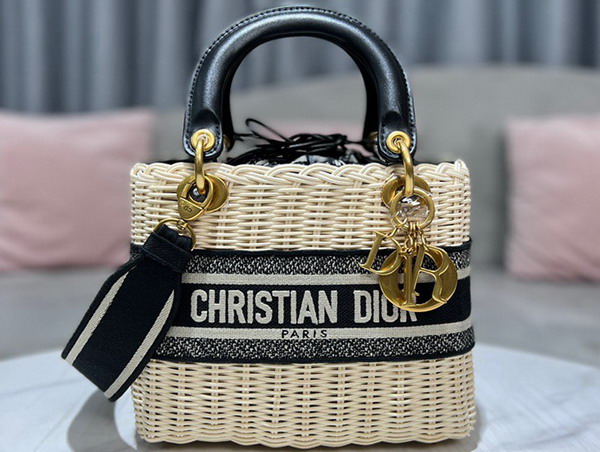 Dior Medium Lady Dior Bag Natural Wicker and Blue Dior Oblique Jacquard Replica