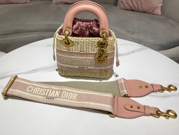 Dior Medium Lady Dior Bag Natural Wicker and Fluorescent Pink Dior Oblique Jacquard Replica