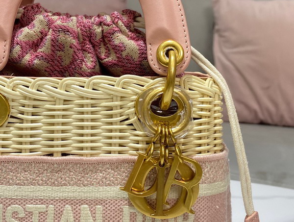 Dior Medium Lady Dior Bag Natural Wicker and Fluorescent Pink Dior Oblique Jacquard Replica