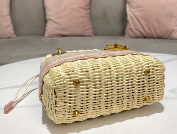 Dior Medium Lady Dior Bag Natural Wicker and Fluorescent Pink Dior Oblique Jacquard Replica