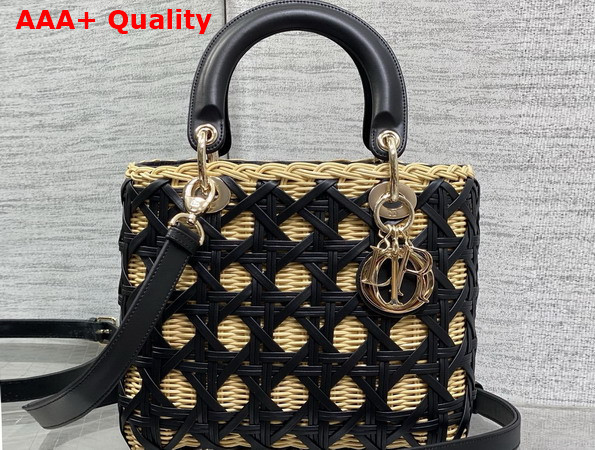 Dior Medium Lady Dior Bag in Natural Rantan and Black Calfskin Replica