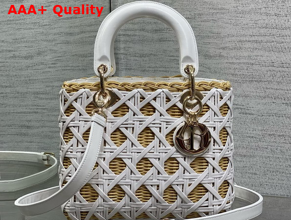 Dior Medium Lady Dior Bag in Natural Rantan and White Calfskin Replica