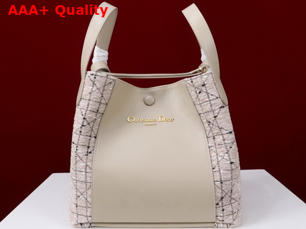 Dior Medium Signature Bucket Bag in Beige Cannage Tweed and Smooth Calfskin Replica