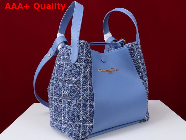 Dior Medium Signature Bucket Bag in Blue Cannage Tweed and Smooth Calfskin Replica