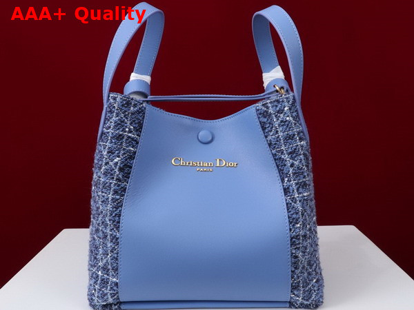 Dior Medium Signature Bucket Bag in Blue Cannage Tweed and Smooth Calfskin Replica