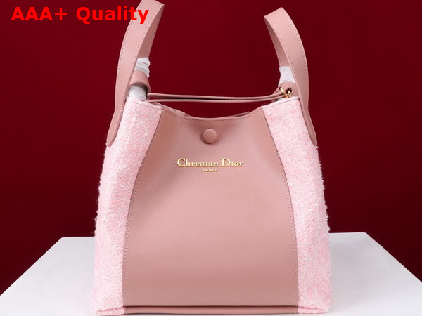 Dior Medium Signature Bucket Bag in Rose des Vents Cannage Tweed and Smooth Calfskin Replica