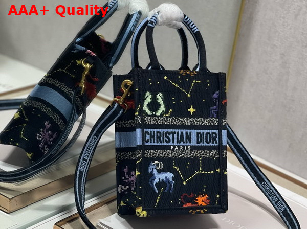 Dior Mini Dior Book Tote Phone Bag Black Multicolor Dior Pixel Zodiac Embroidery Replica