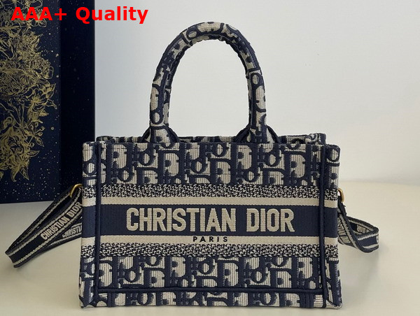 Dior Mini Dior Book Tote in Blue Dior Oblique Embroidery and Calfskin Replica
