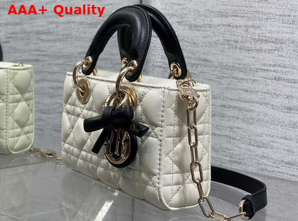 Dior Mini Lady D Joy Bag with Leather Bow Two Tone Latte and Black Cannage Lambskin Replica