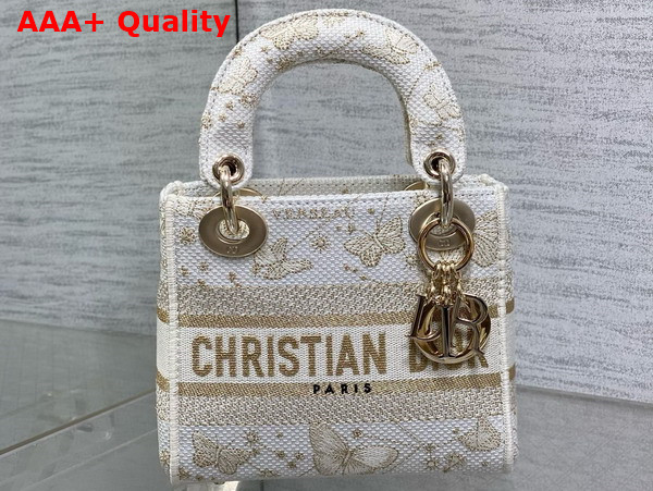 Dior Mini Lady D Lite Bag Gold Tone and White Butterfly Zodiac Embroidery Replica