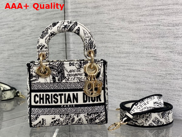 Dior Mini Lady D Lite Bag White and Black Plan de Paris Embroidery Replica