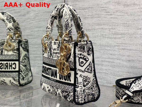 Dior Mini Lady D Lite Bag White and Black Plan de Paris Embroidery Replica