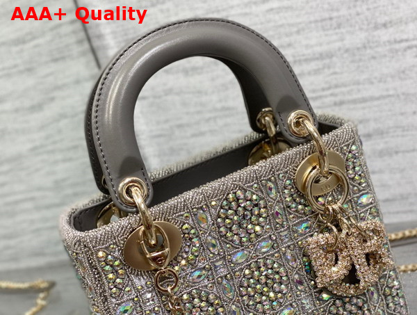 Dior Mini Lady Dior Bag Gray Smooth Calfskin and Satin with Bead Embroidery Replica