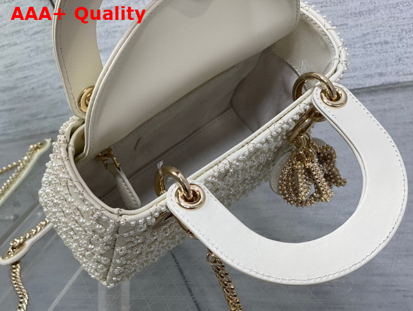 Dior Mini Lady Dior Bag Latte Calfskin Embroidered with Resin Pearl Cannage Motif Replica