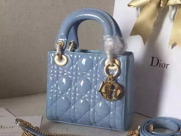 Dior Mini Lady Dior Bag Light Blue Patent Leahter Gold Metal for Sale