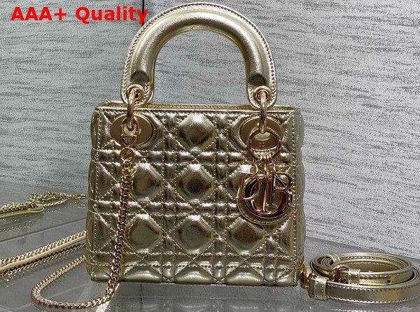 Dior Mini Lady Dior Bag Pale Gold Tone Cannage Metallic Lambskin Replica