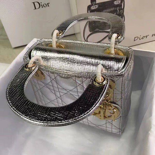 Dior Mini Lady Dior Bag Silver Metallic Grained Calfskin For Sale